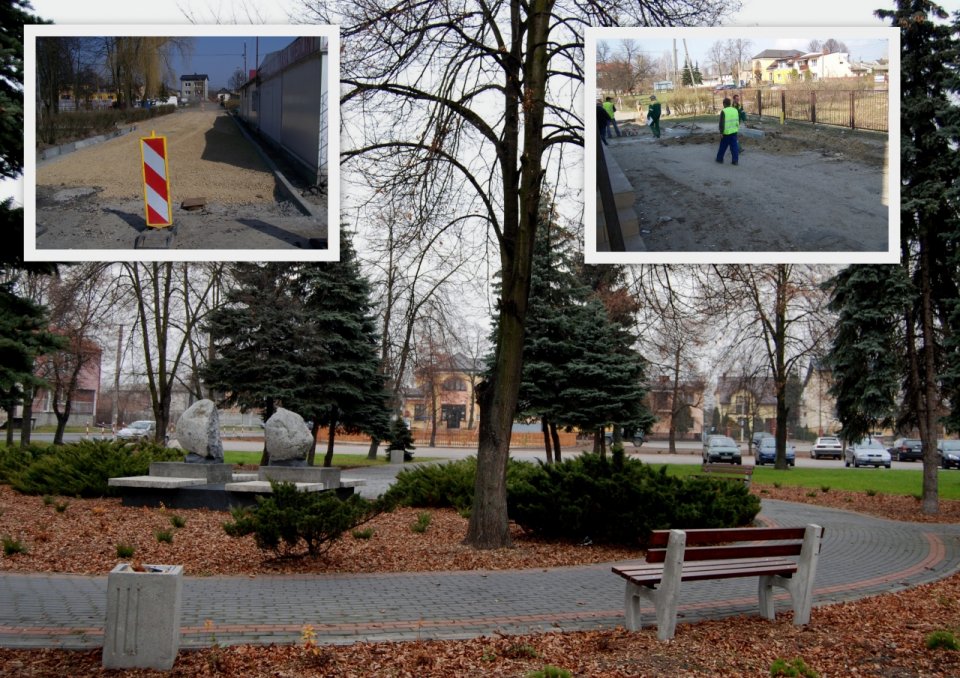 Kompozycja zdjęć pokazujących prace nad rynkiem w Osiecku